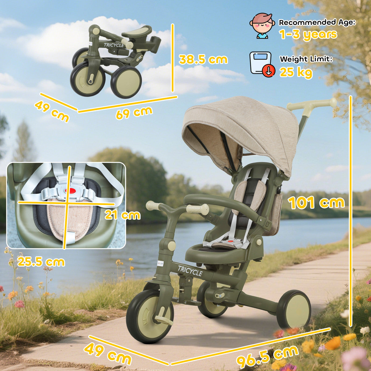 5 In 1 Foldable Kids' Trike, Toddler Tricycle For 1-3 Years, Dark Green