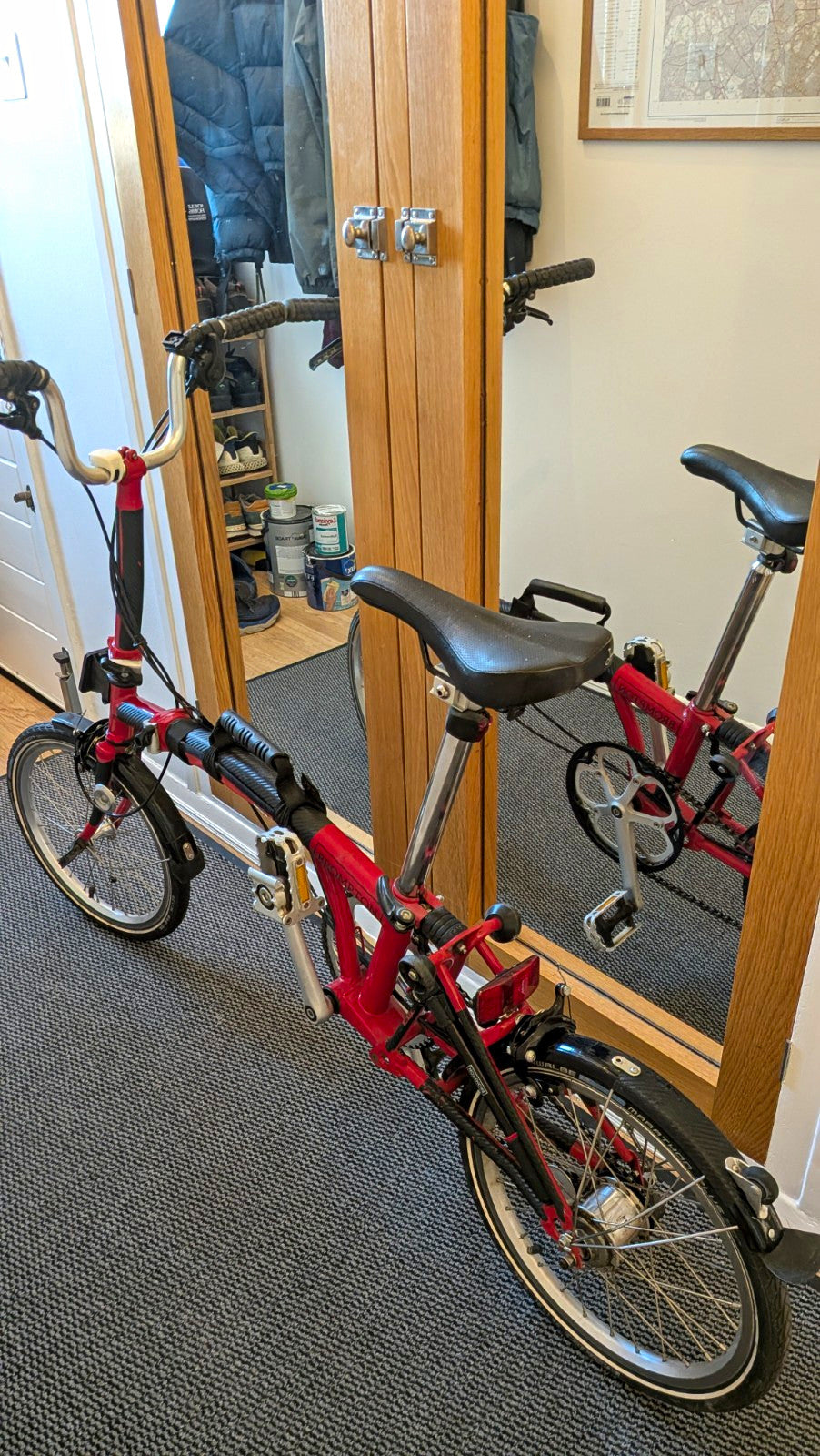 Brompton Folding Bike Red 16in Wheels Steel Frame Flat Bar Derailleur Gears
