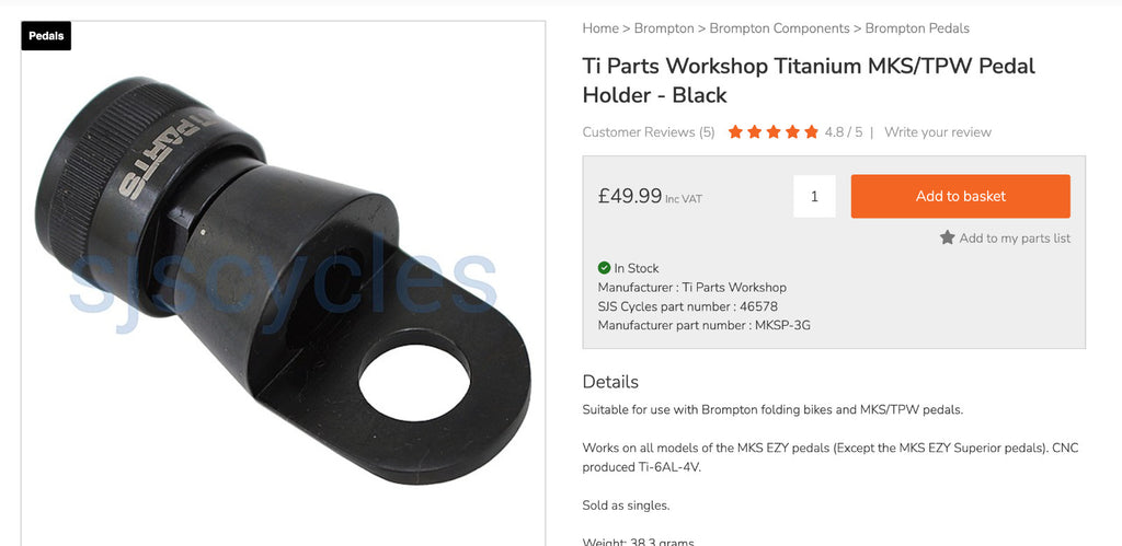 Brompton Bike Ti Parts Workshop Titanium MKS/TPW Pedal Holder - Black RRP£50