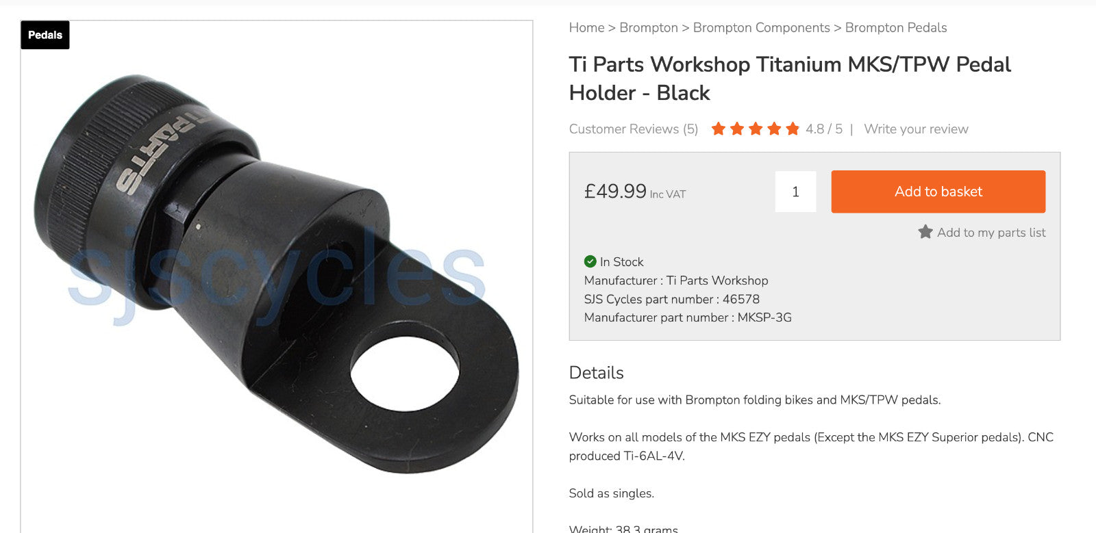 Brompton Bike Ti Parts Workshop Titanium MKS/TPW Pedal Holder - Black RRP£50