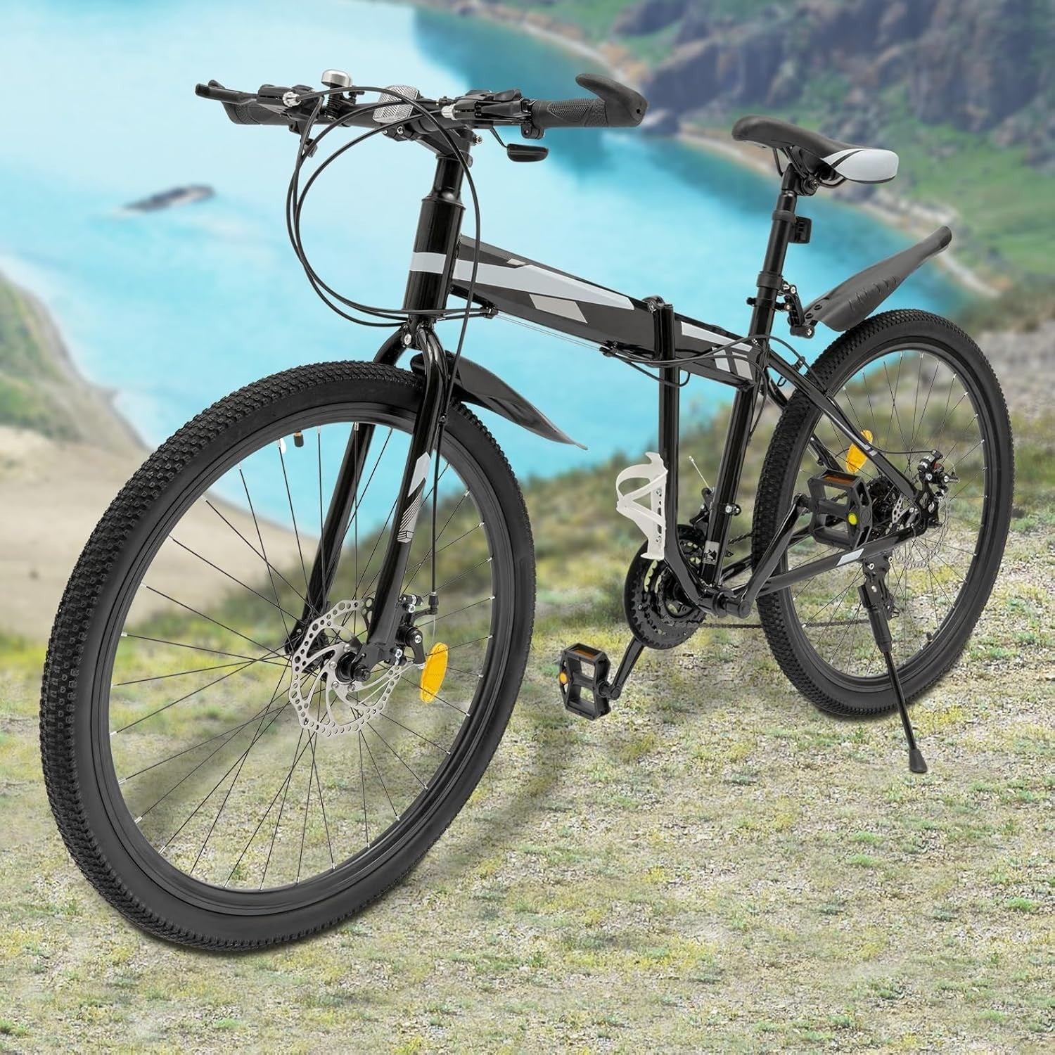 26" Folding Mountain Bike 21-Speed Carbon Steel Frame Disc Brakes MTB