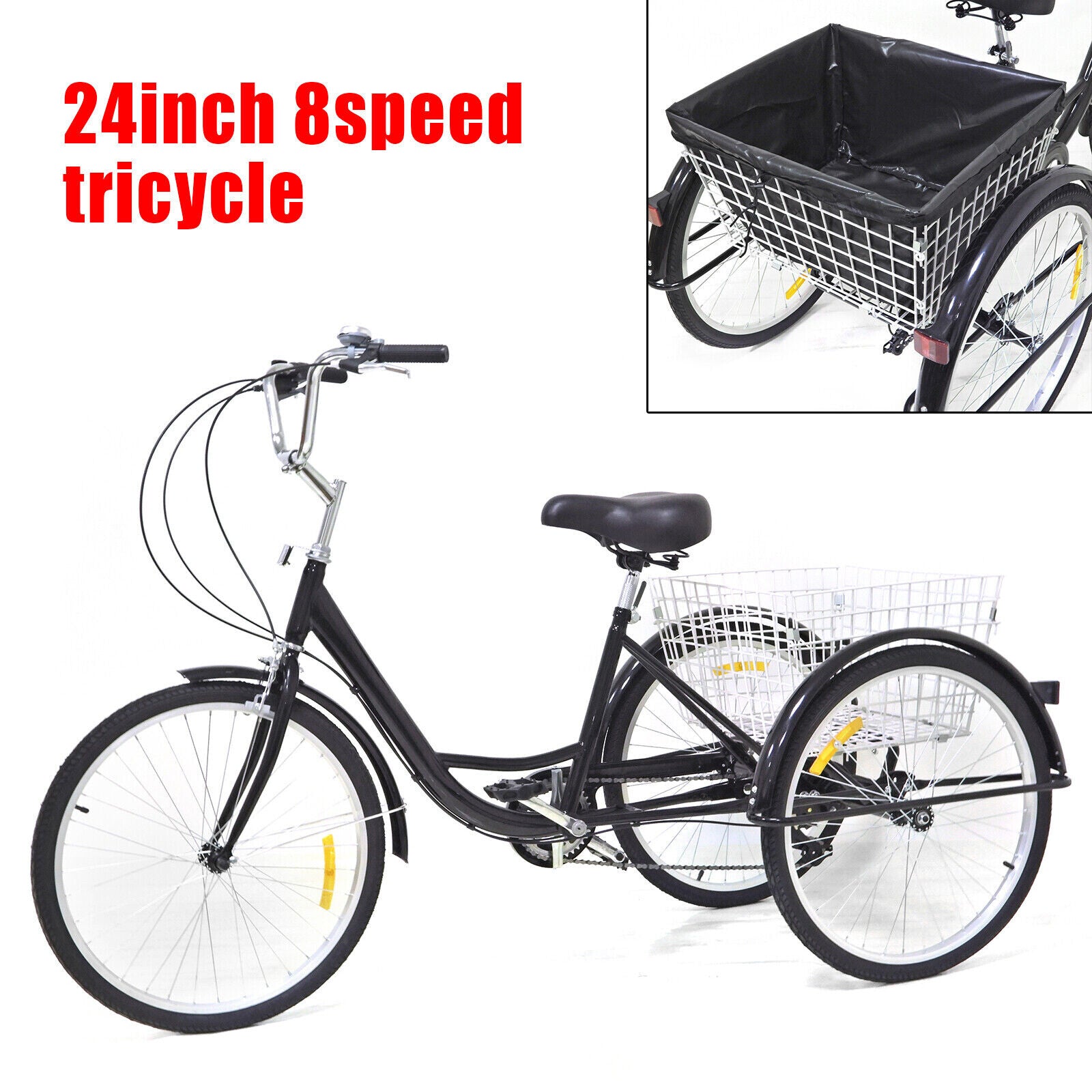 24 Inch Adult Tricycle Trike Bike 8-Speeds 3-Wheel Bicycle W/Folding Back Basket