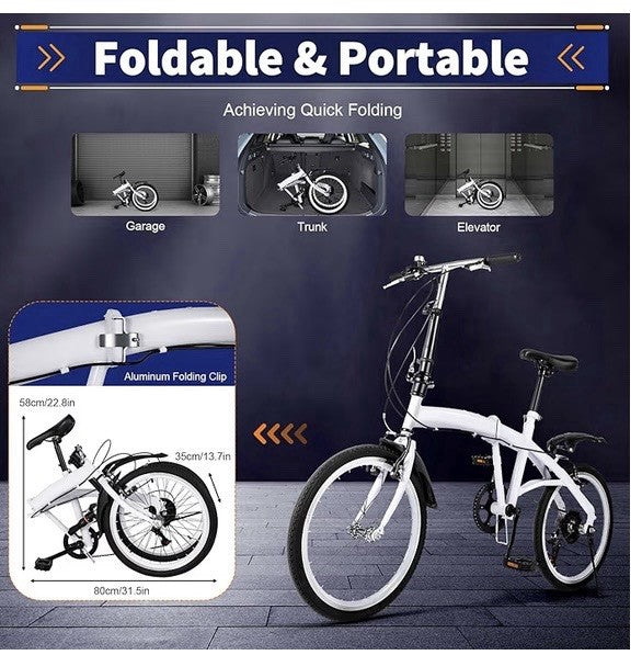 White Folding Bike Foldable City Bike for Adult 20" Commute Bicycle 6 Speed Gear
