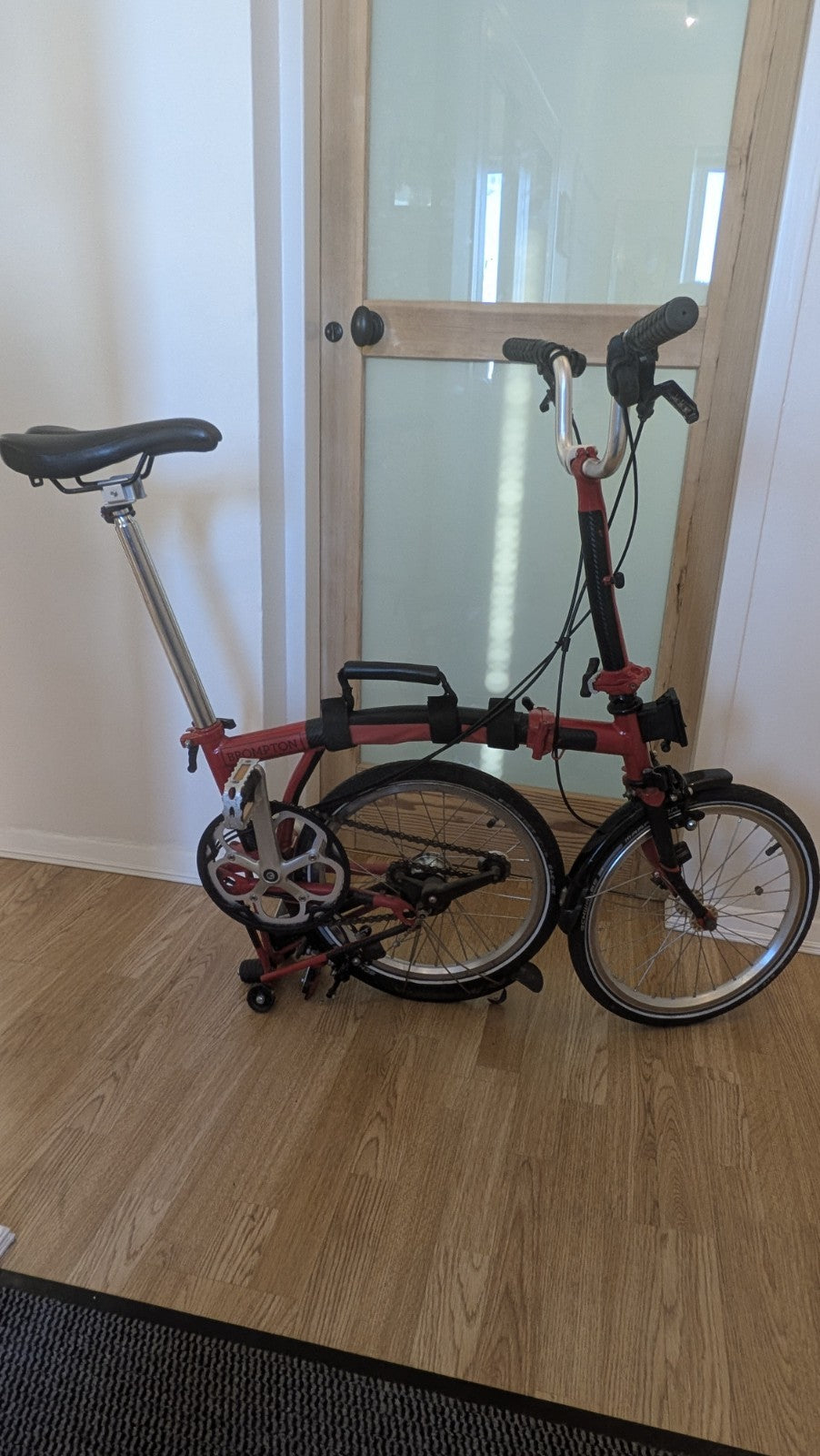 Brompton Folding Bike Red 16in Wheels Steel Frame Flat Bar Derailleur Gears