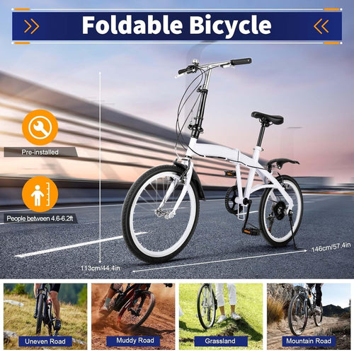 20” Folding Bike 6-Speed Carbon Steel Frame Adjustable Height Mudguards
