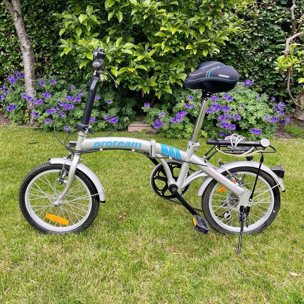 Proteam 16in Folding Bike Silver/Blue V-Brakes Rear Rack Mudguards