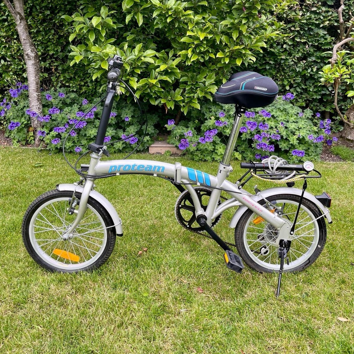 Proteam 16in Folding Bike Silver/Blue V-Brakes Rear Rack Mudguards