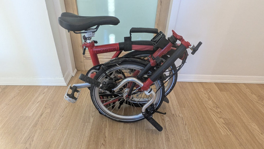 Brompton Folding Bike Red 16in Wheels Steel Frame Flat Bar Derailleur Gears