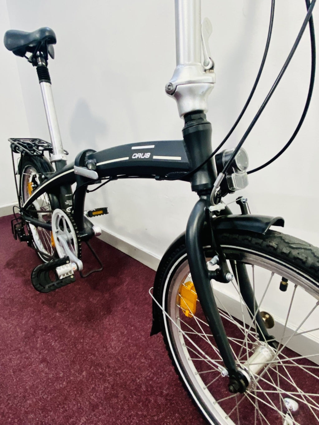 NEW Orus Folding Bike – with Rack, lights, pump, D-Lock