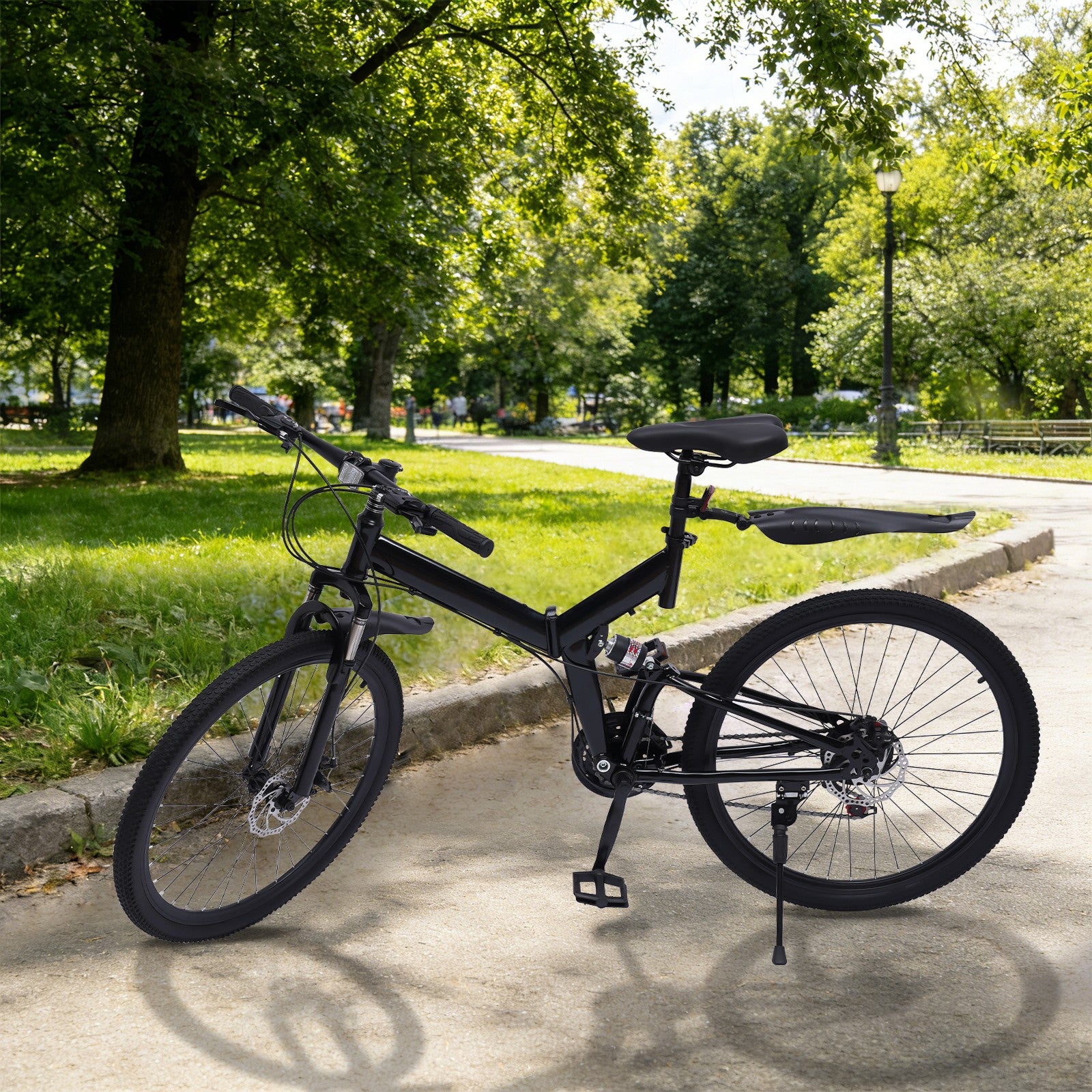 26in Black Portable Folding Dual Disc Brake Mountain Bike for 5.25-5.6ft Height