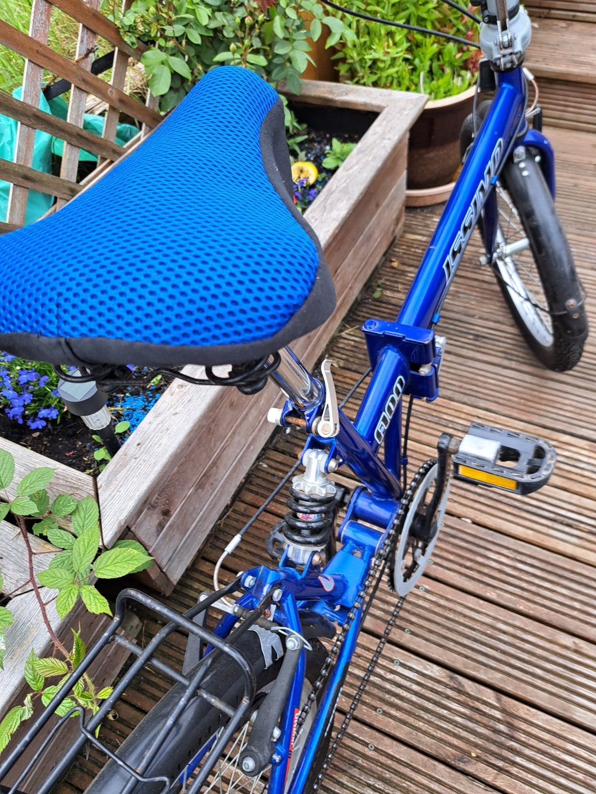 folding bike, blue 5 speed with parcel rack, 29" wheels, good condition.