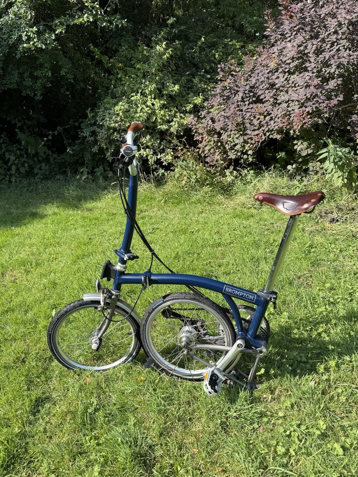2017 Brompton Superlight folding bike H6L, Titanium, Navy Blue, Brooks Leather