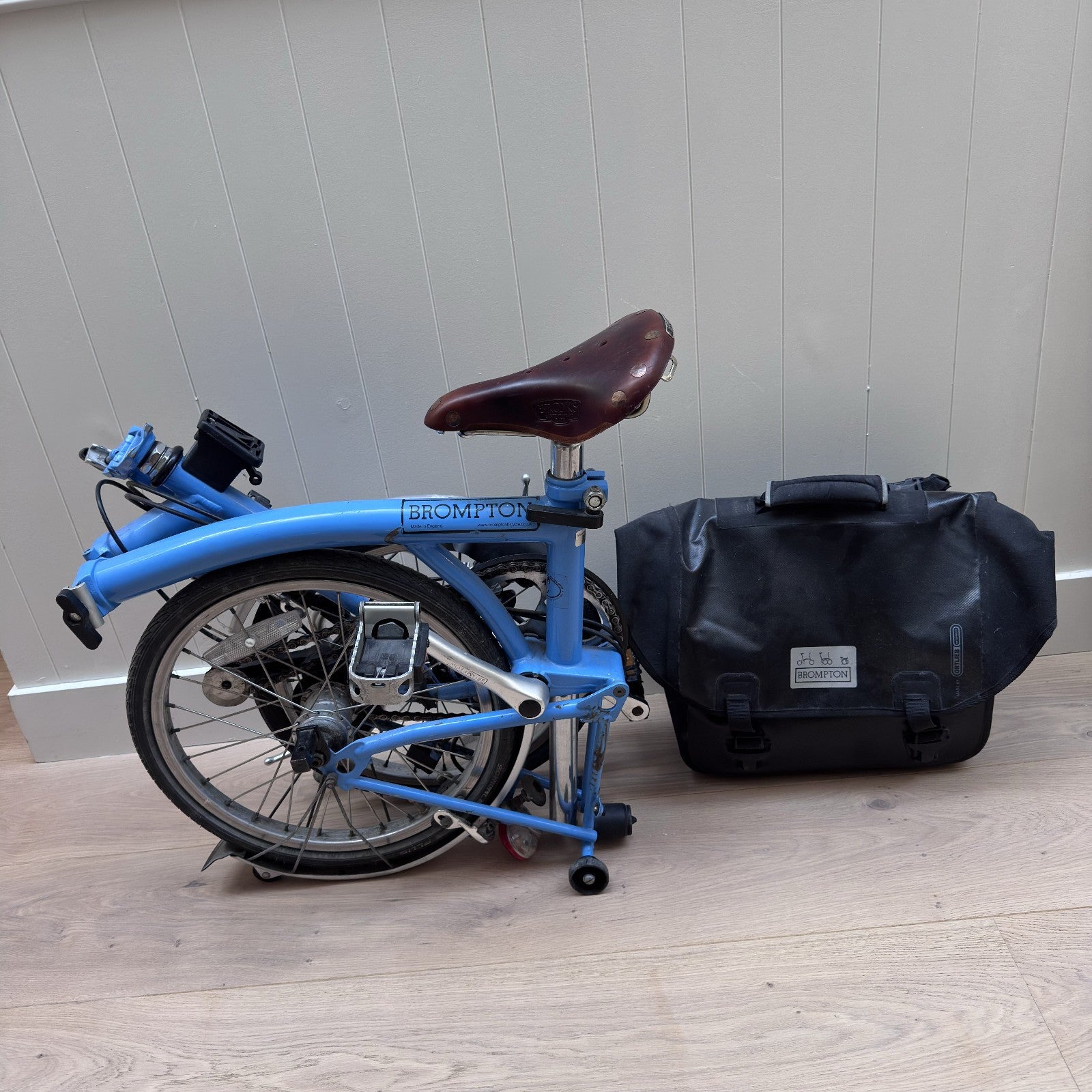 Brompton 3 speed folding bike, Brooks saddle, Ortlieb rack bag