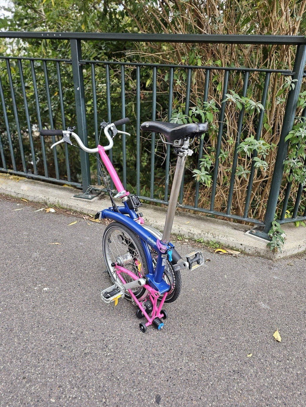 Brompton  c line 2012 Folding Bike 16 in M Frame Blue/Pink Mudguards lights