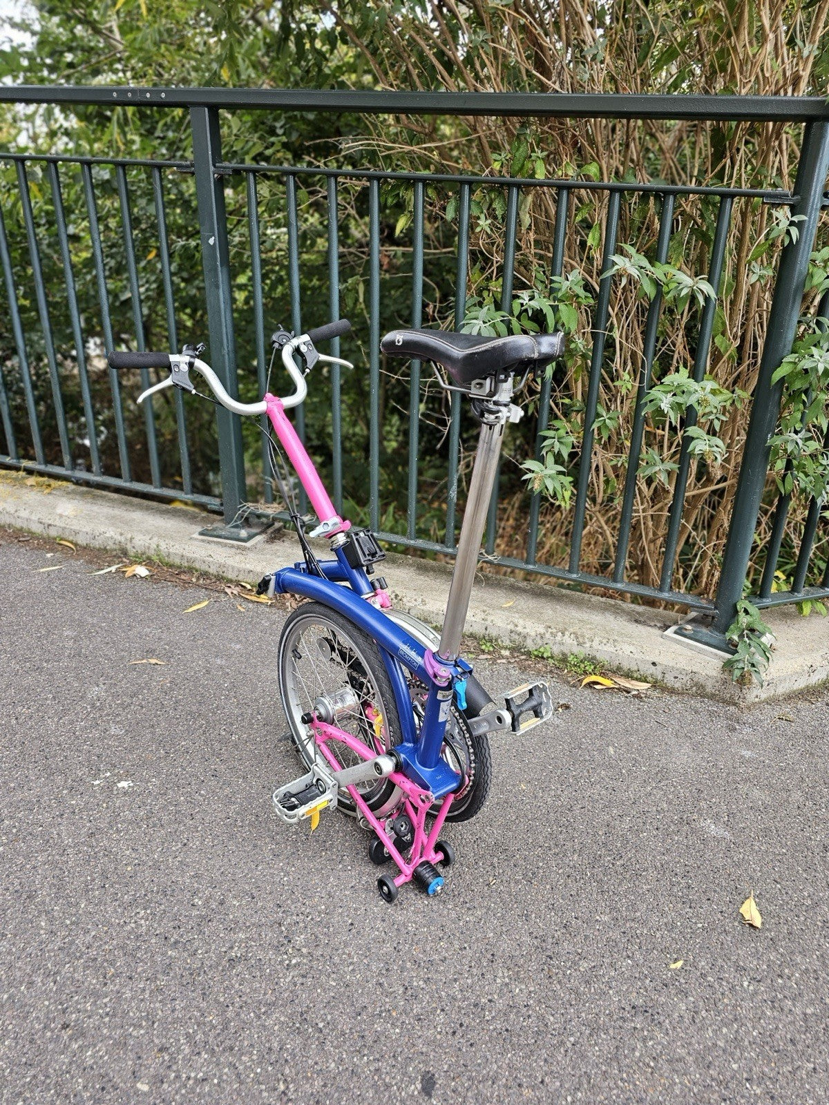 Brompton  c line 2012 Folding Bike 16 in M Frame Blue/Pink Mudguards lights
