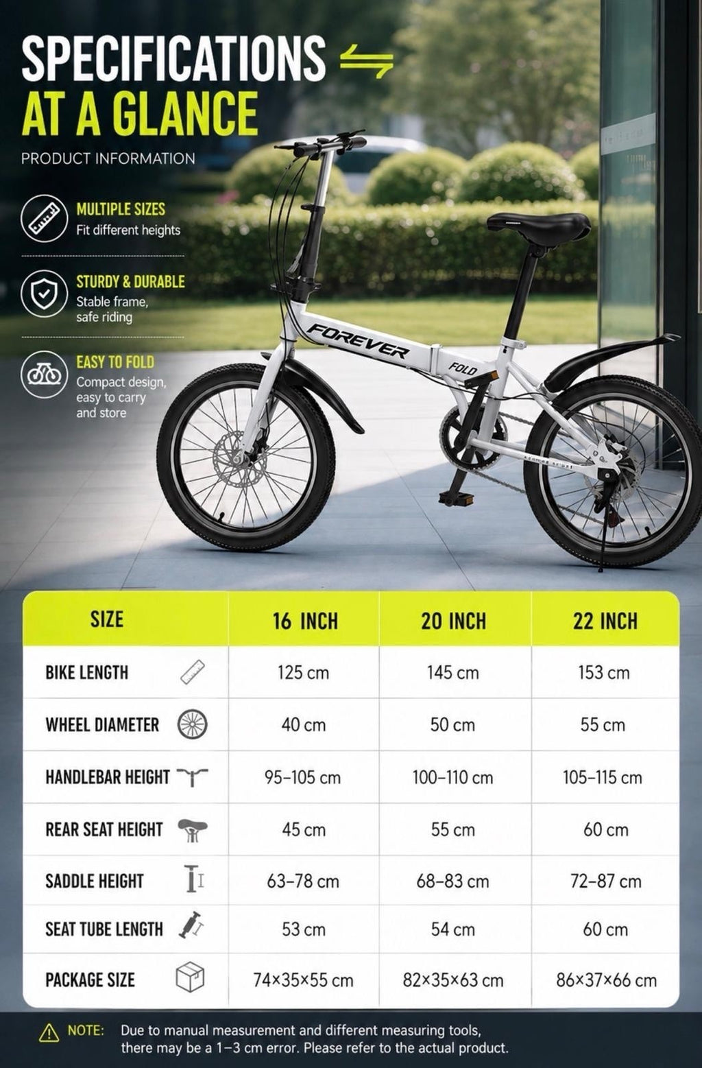 Forever Fold 20in Folding Bike 7-Speed Lightweight City Commuter Bicycle - grey
