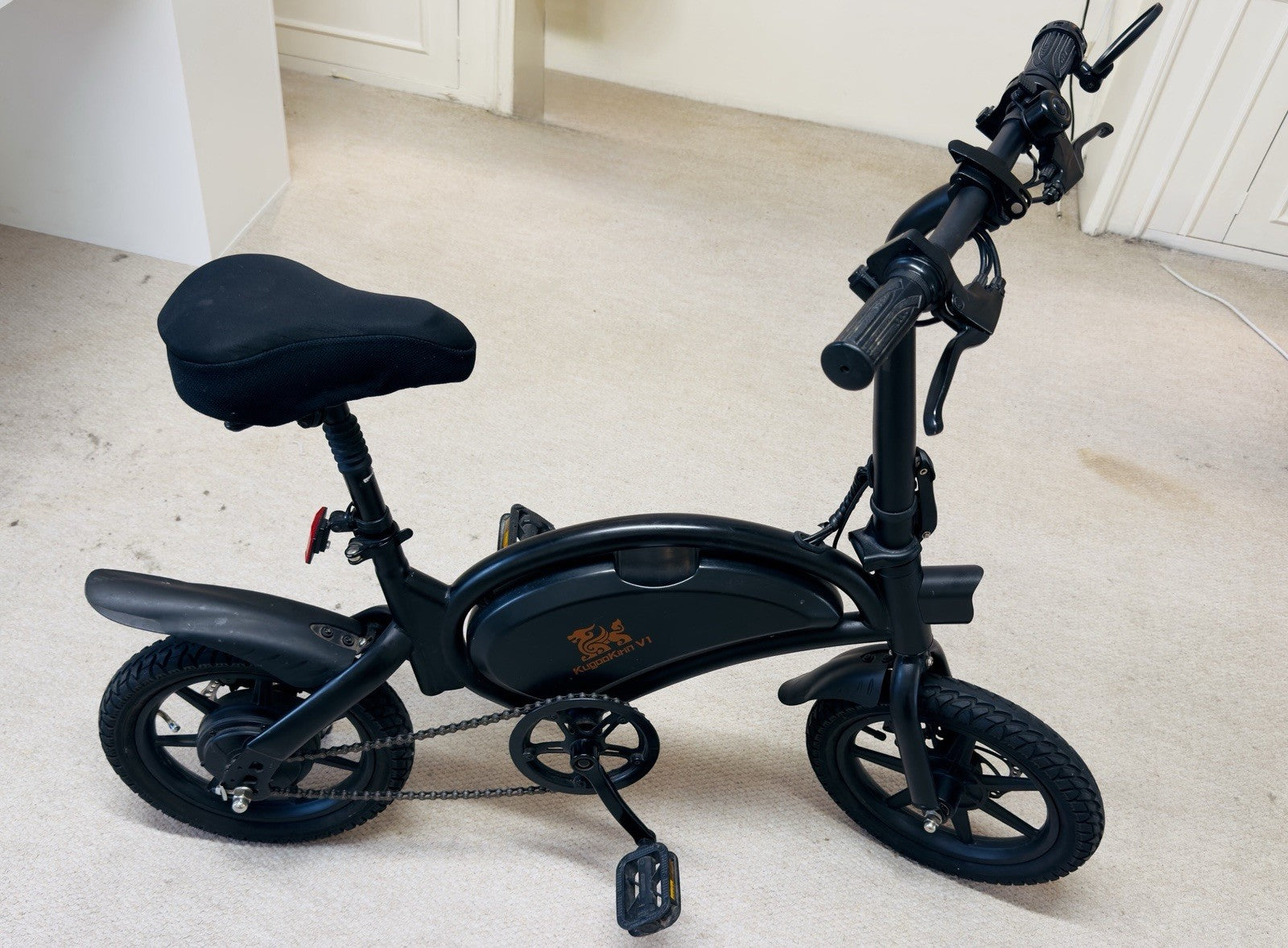 Kugoo Kirin V1 bike, also known as the B2 model. Dolphin-shaped frame.