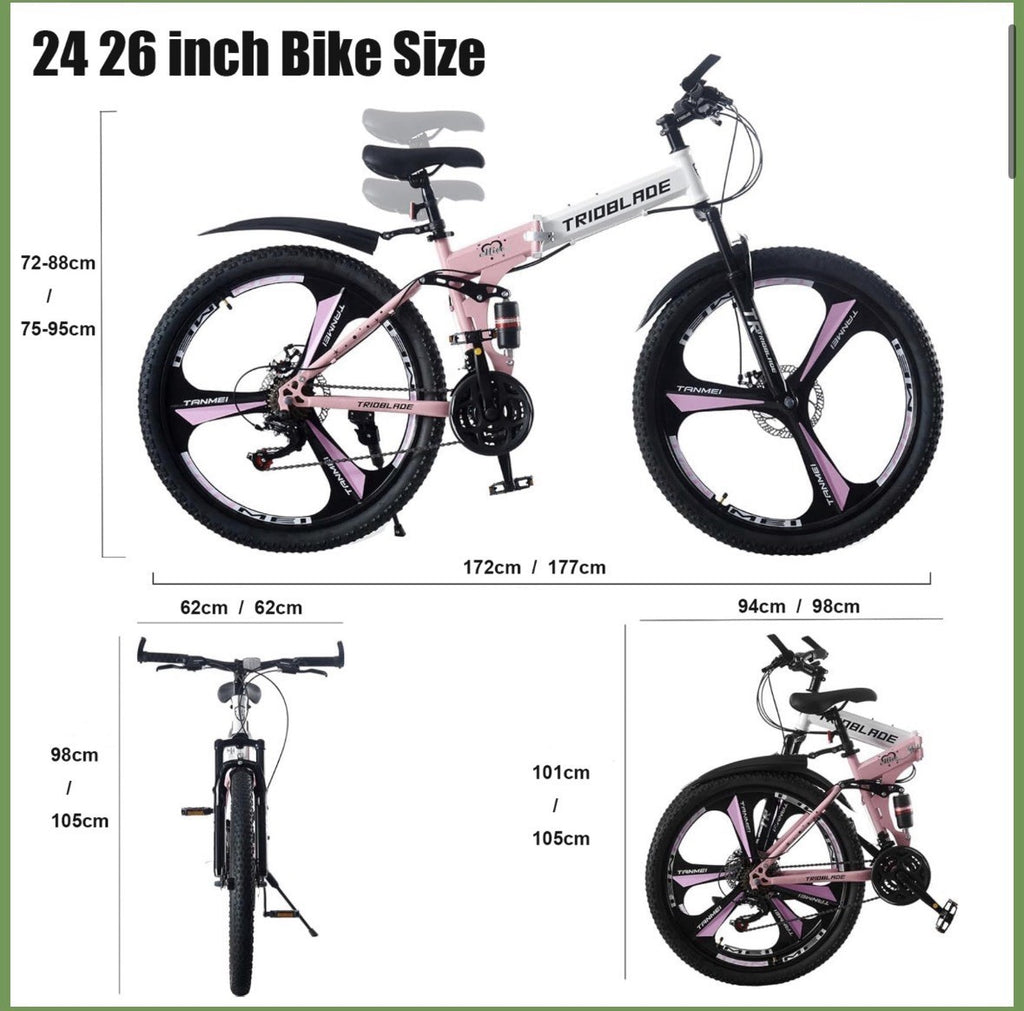Mountain Folding Bike 24" & 26 Inch 21-Speed Bike Adult bicycle, Dual Suspension
