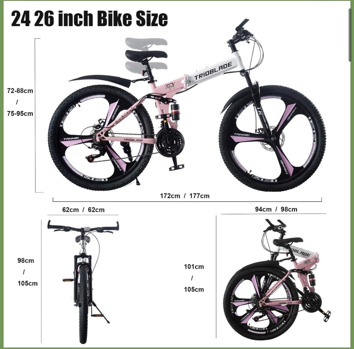 Mountain Folding Bike 24" & 26 Inch 21-Speed Bike Adult bicycle, Dual Suspension