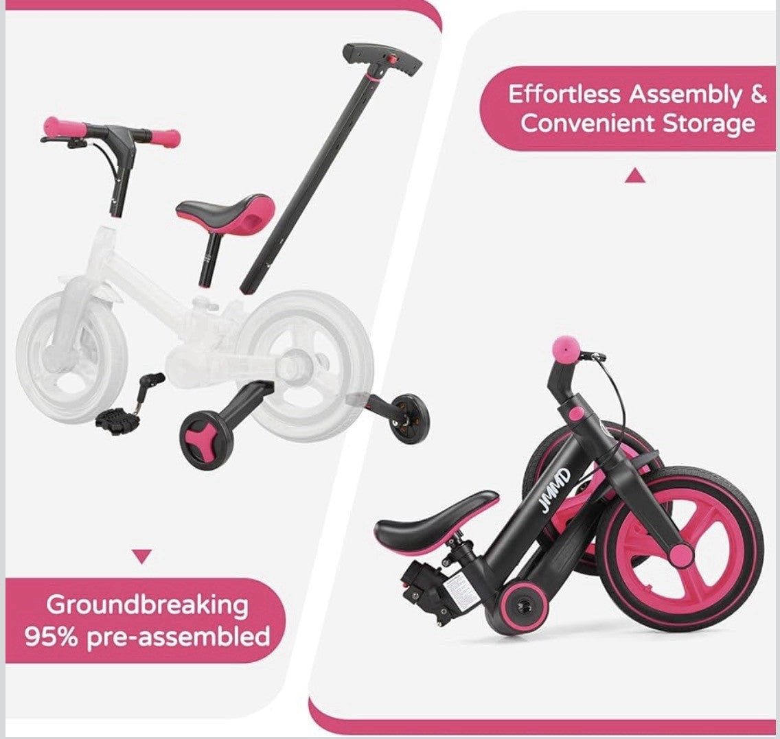 JMMD 6 in 1 Toddler Bike with Push Handle for Kids 18-60 Months, 12" Foldable