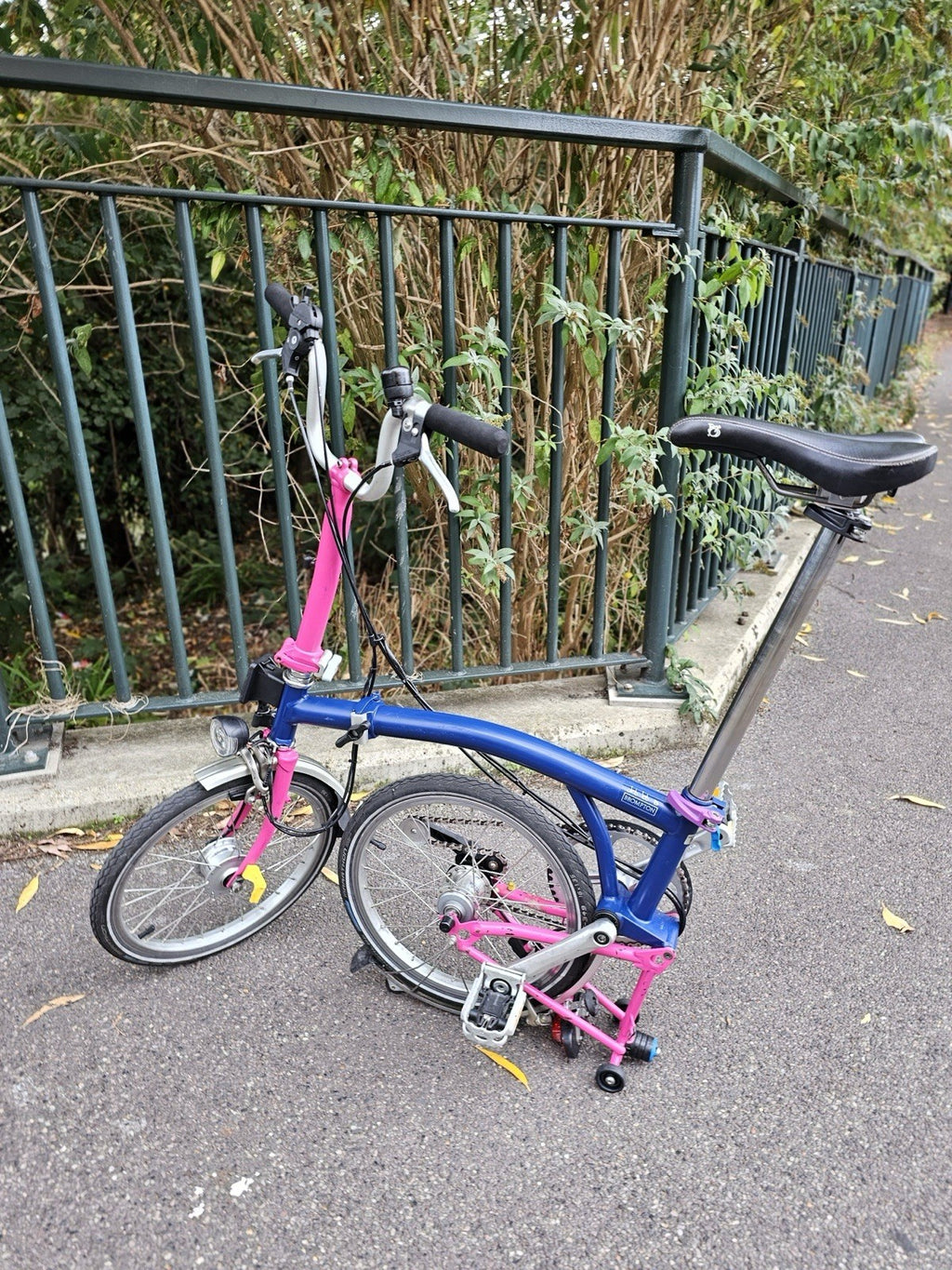 Brompton  c line 2012 Folding Bike 16 in M Frame Blue/Pink Mudguards lights