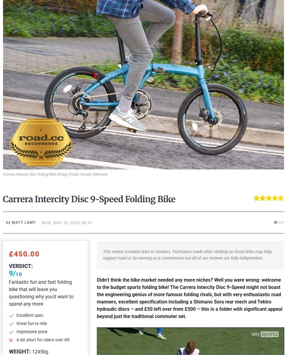 Carrera Intercity Disc 9-Speed Folding Bike, disc brakes, bike bag, low miles.