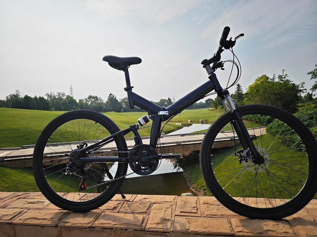 26" Folding Mountain Bike 21 Speed Disc Brakes Carbon Steel Frame Mudguard