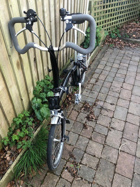 Brompton Black 3 speed folding bike with rear rack and P type handle bars