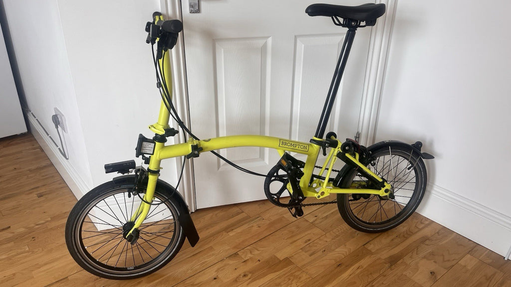 Brompton Folding Bike 6-Speed Yuzu Lime Green with Front Light & Be Seen Lights