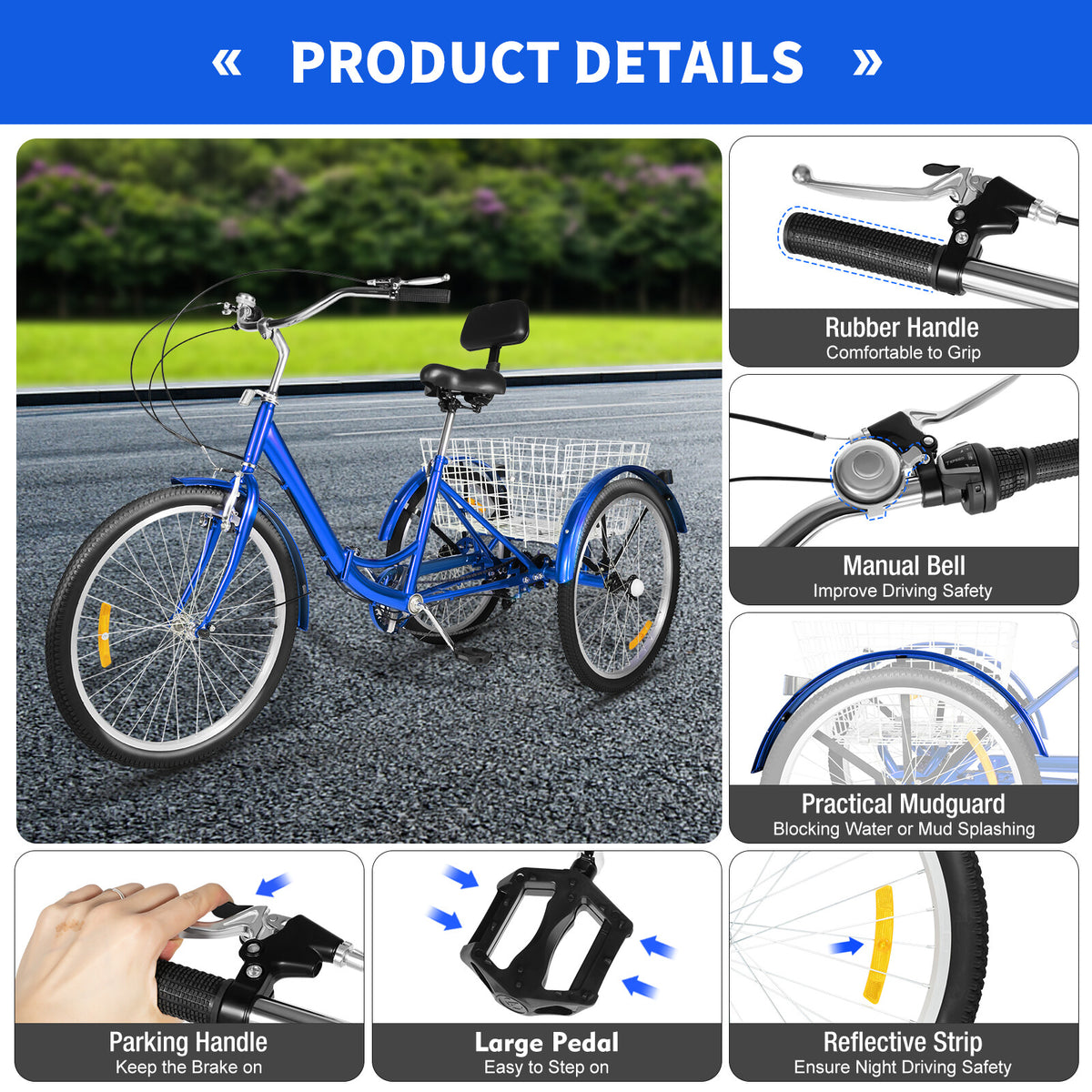 24'' Tricycle Adult Senior 7 Speed 3 Wheels Bike Foldable Trike Bicycle + Basket
