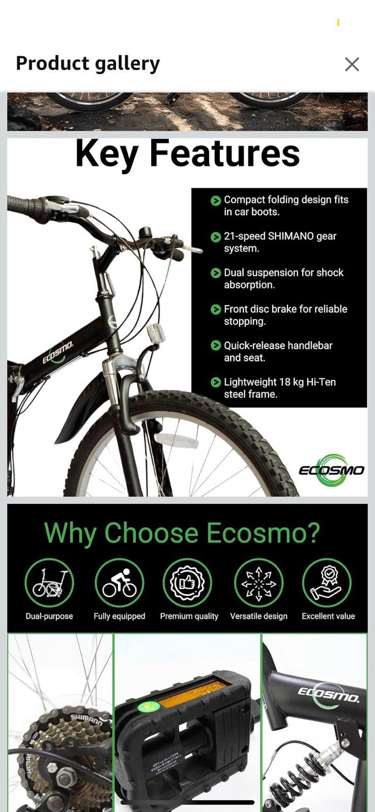 Mountain Bike Ecosmo 26" Wheel Folding MTB Shimano Gear 21SP, 18.5" -26SF02BL