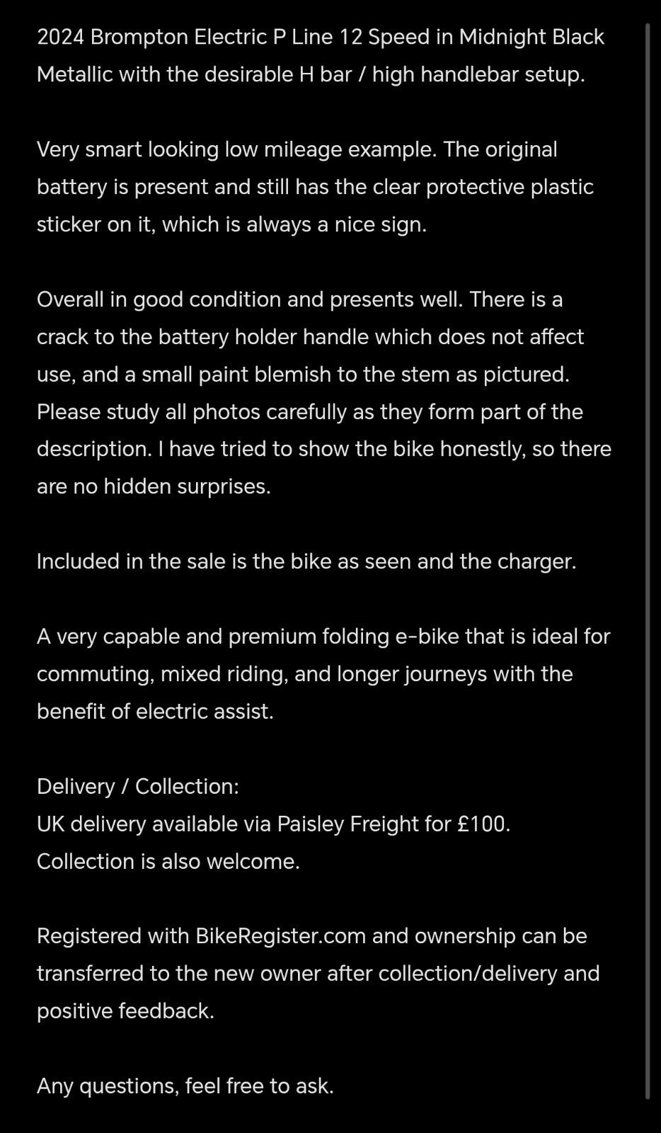 2024 Brompton P Line 12 Speed Midnight Black H Bar Low Mileage