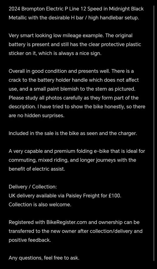 2024 Brompton P Line 12 Speed Midnight Black H Bar Low Mileage