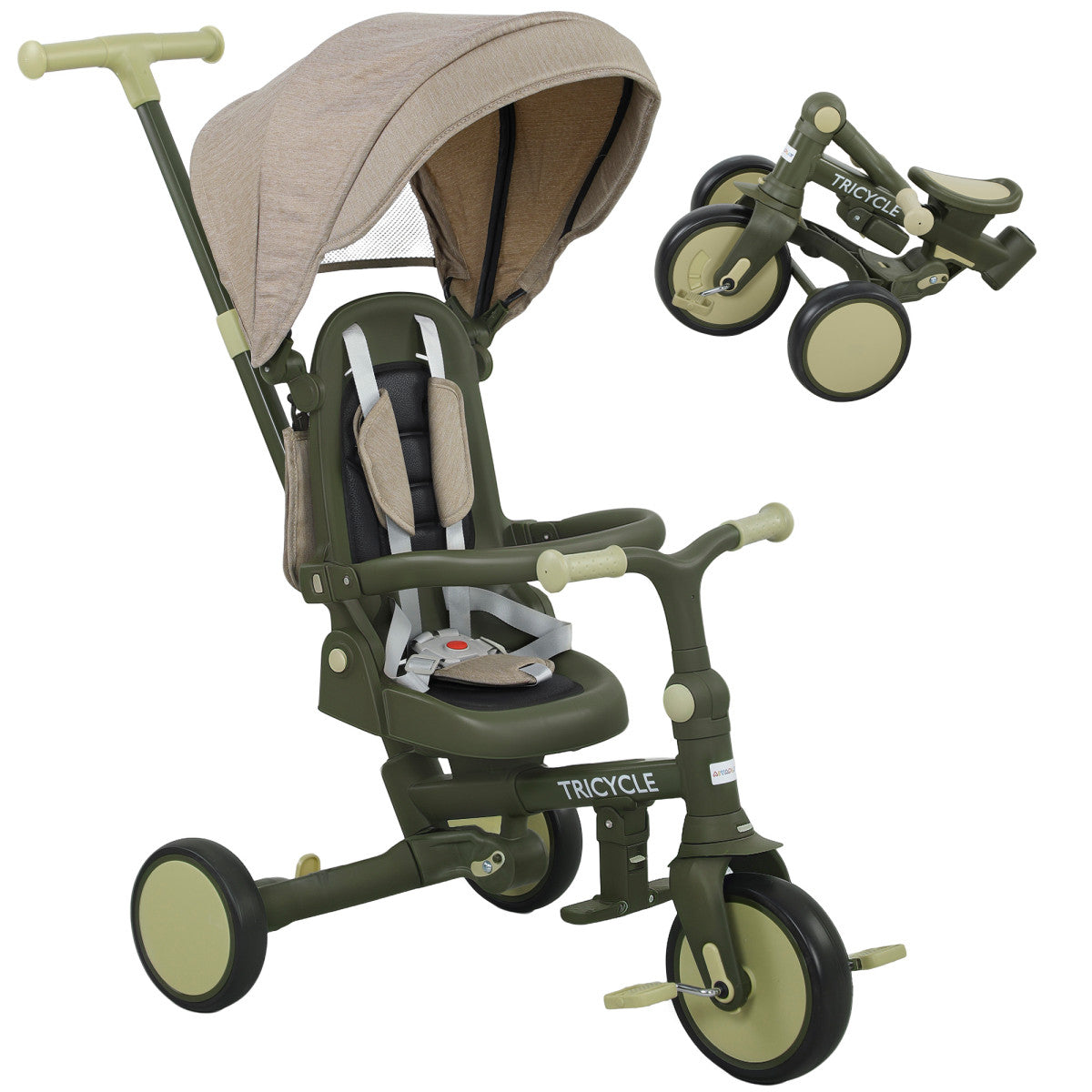 5 In 1 Foldable Kids' Trike, Toddler Tricycle For 1-3 Years, Dark Green