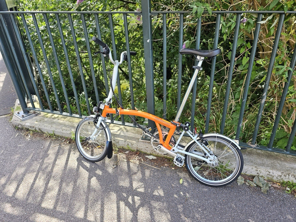Brompton Folding Bike 16in Wheels Orange/white Silver Mudguards Cruiser Bar