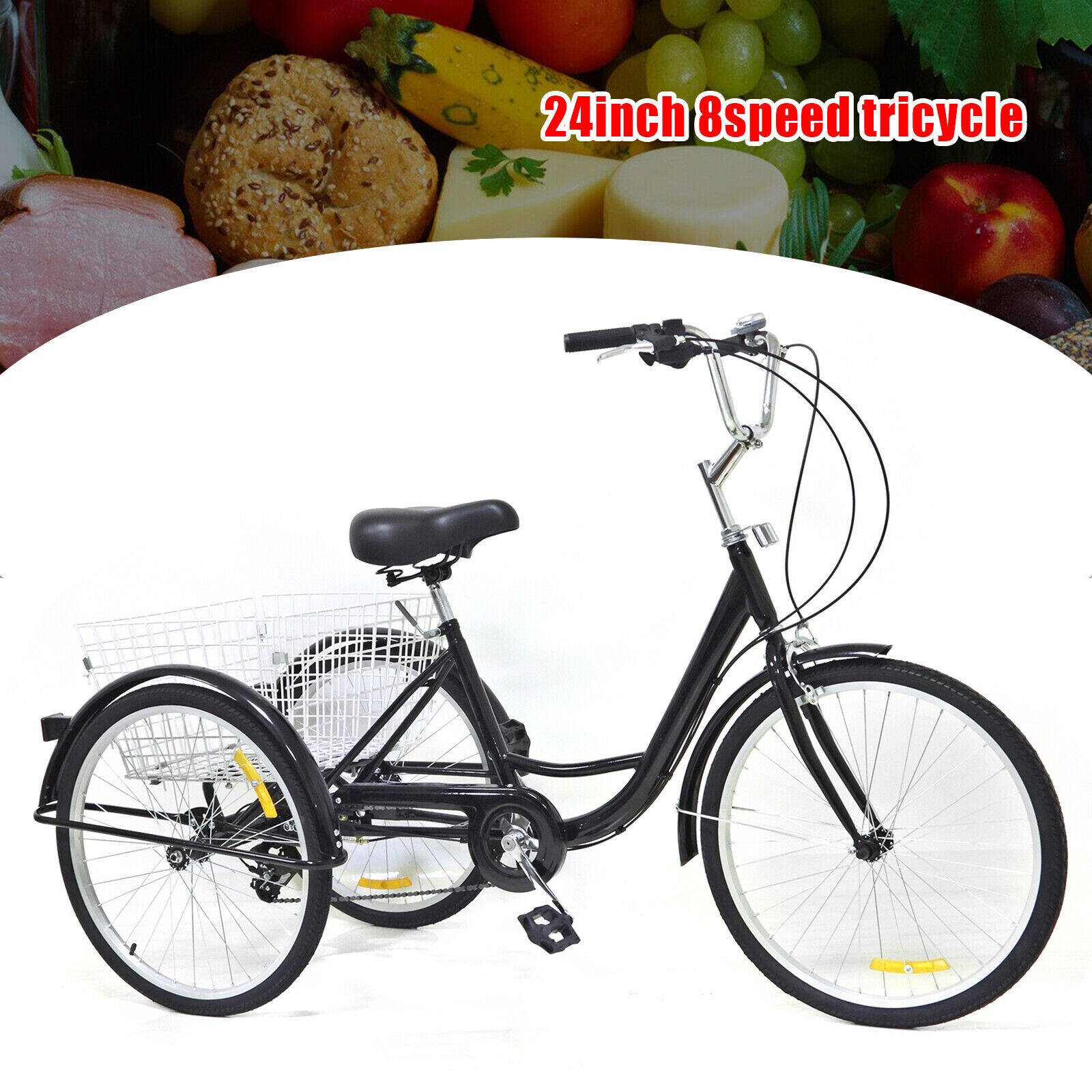 24 Inch Adult Tricycle Trike Bike 8-Speeds 3-Wheel Bicycle W/Folding Back Basket