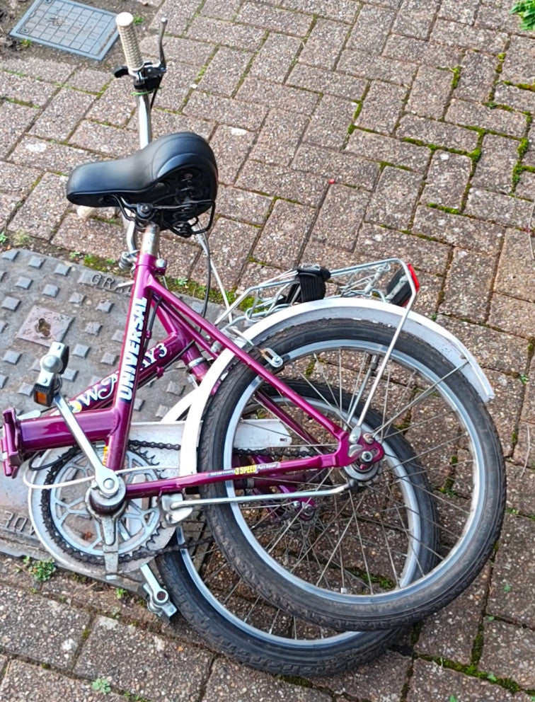 Raleigh Stowaway 3 1980s folding bike, in Purple, 3-Speed Sturmey Archer gears