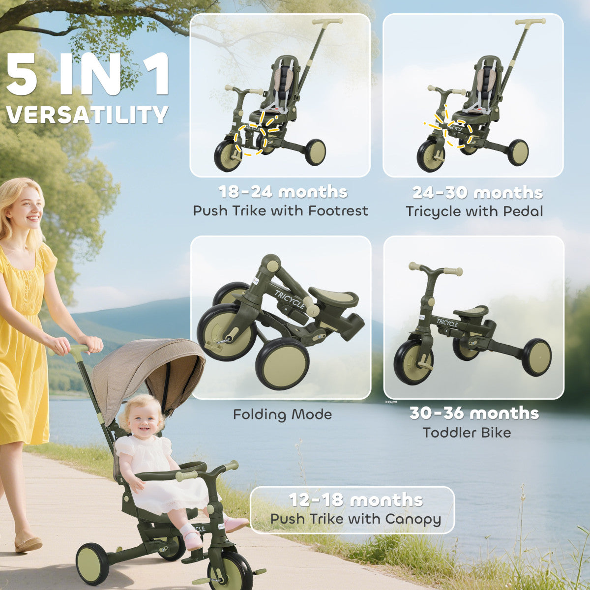 5 In 1 Foldable Kids' Trike, Toddler Tricycle For 1-3 Years, Dark Green