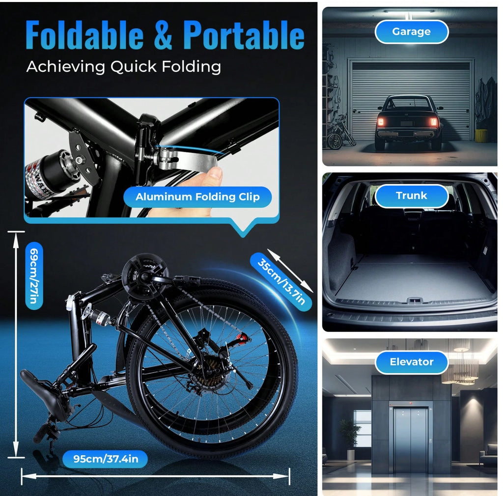 26" Folding Mountain Bike 21 Speed Men Bikes MTB Bicycle School Dual Disc Brake