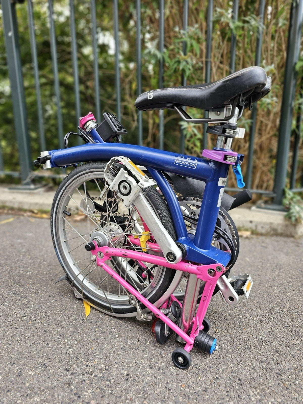 Brompton  c line 2012 Folding Bike 16 in M Frame Blue/Pink Mudguards lights