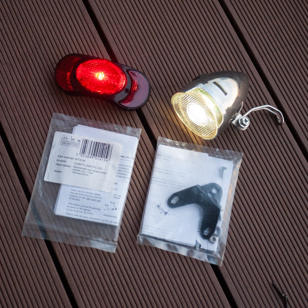 Brompton Front Retro LED Headlight & Rear Spanninga LED Reflector Light Bracket