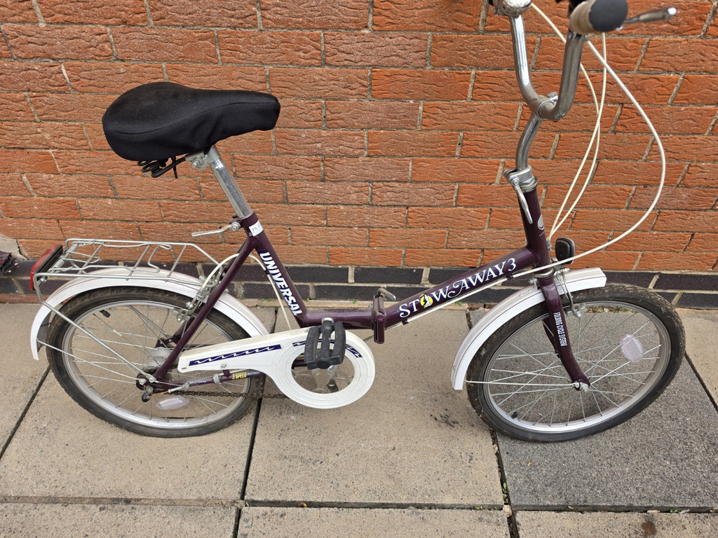 Universal Stowaway 3 20in Folding Bike Purple/White 3 Speed Hub Gears Rack