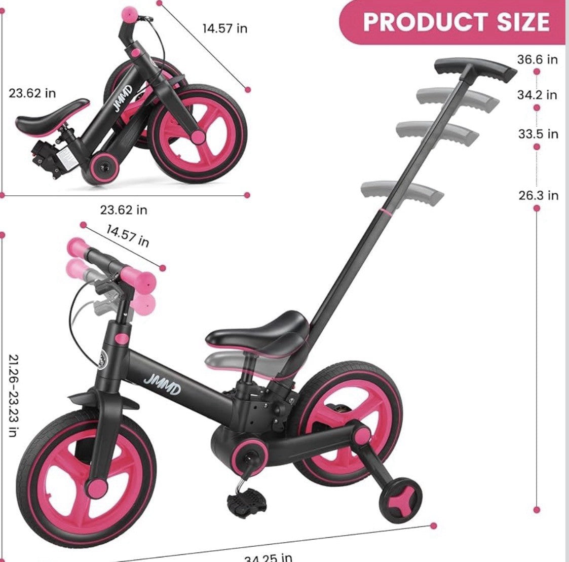 JMMD 6 in 1 Toddler Bike with Push Handle for Kids 18-60 Months, 12" Foldable