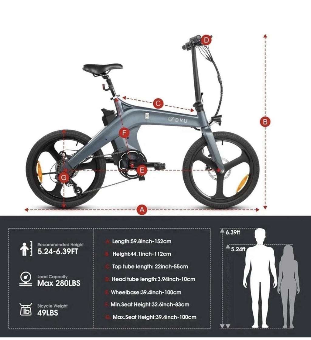 DYU 20” BIKE FOLDING SHIMANO 7s 36V10AHX250 MAGN ALLOY 22.5Kg CITY BIKE PAS