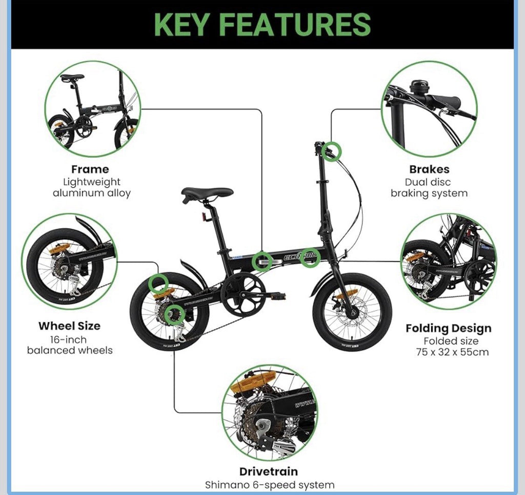 ECOSMO 16" Lightweight Alloy Folding City Bike 6 Speeds, Dual Disc brake