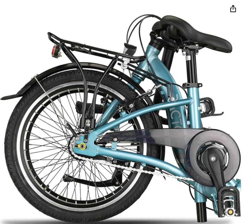 Blue PACTO folding bike .. 20 inch wheels and 7 speed hub gears.