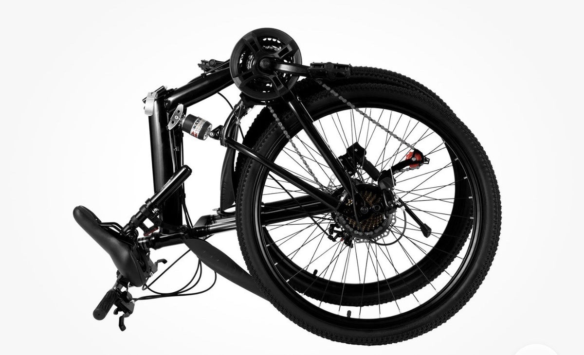 Black 26in Folding Full Suspension Bike 21-Speed Mechanical Disc, Mudguards