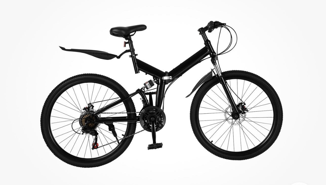 Black 26in Folding Full Suspension Bike 21-Speed Mechanical Disc, Mudguards