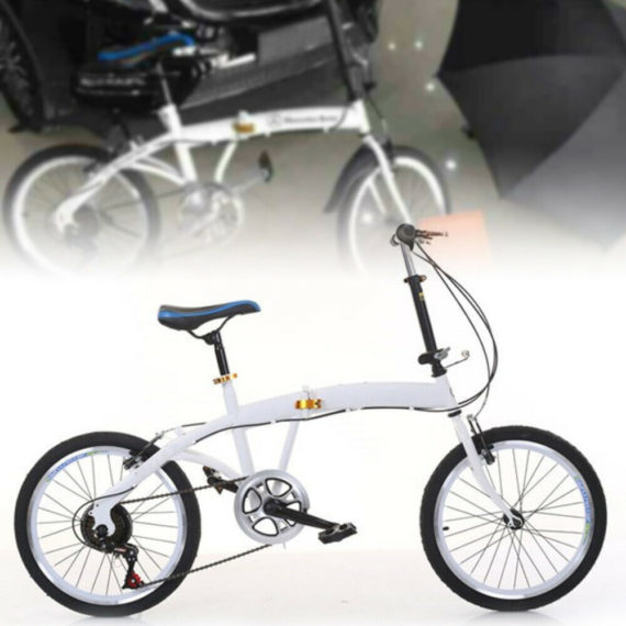 White 20 Inch Folding Bike Carbon Steel Folding Bike 7 Speed Bike Double V Brake